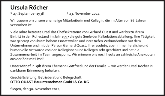 Traueranzeige von Ursula Röcher von Siegener Zeitung