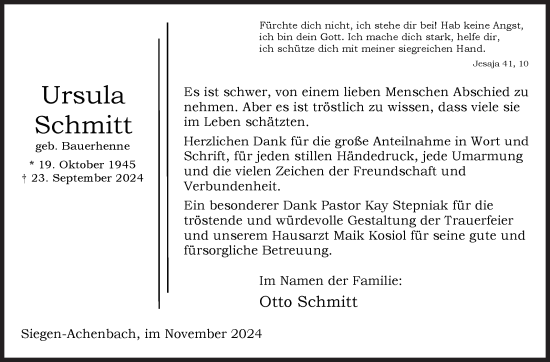 Traueranzeige von Ursula Schmitt von Siegener Zeitung
