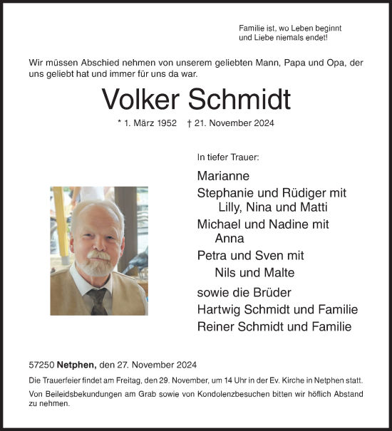 Traueranzeige von Volker Schmidt von Siegener Zeitung
