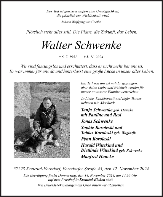 Traueranzeige von Walter Schwenke von Siegener Zeitung