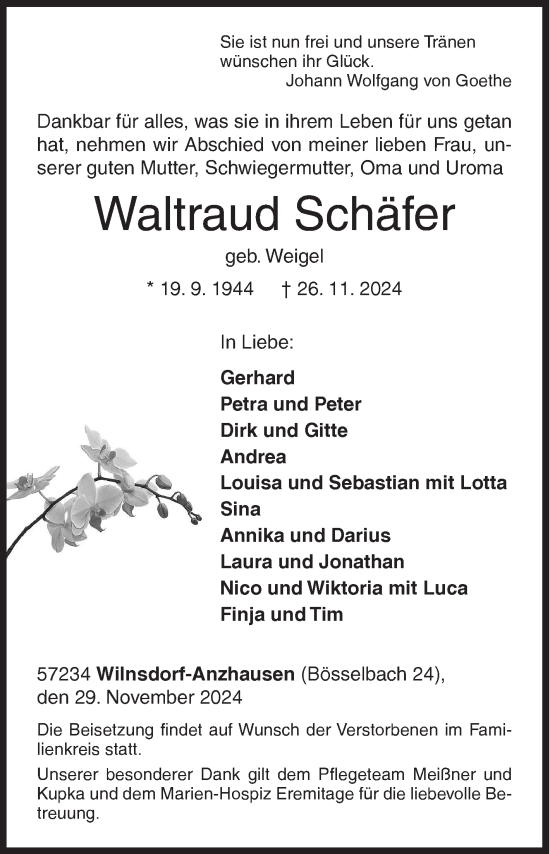 Traueranzeige von Waltraud Schäfer von Siegener Zeitung