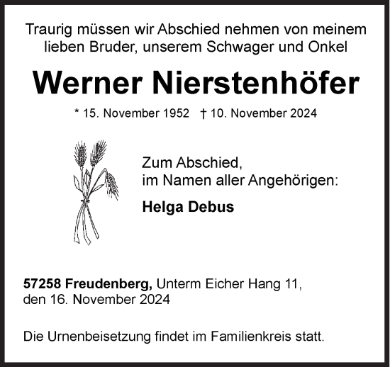 Traueranzeige von Werner Nierstenhöfer von Siegener Zeitung