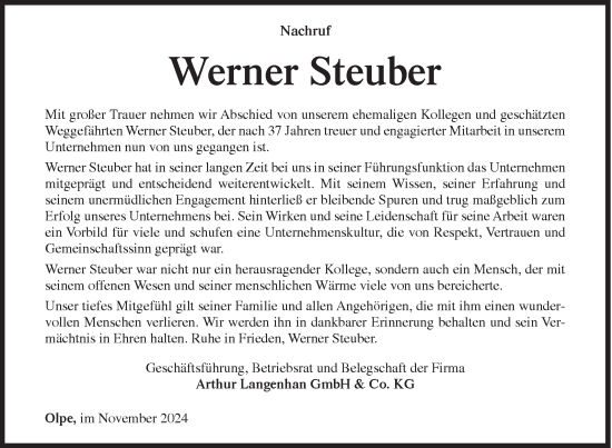 Traueranzeige von Werner Steuber von Siegener Zeitung