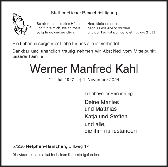 Traueranzeige von Werner Manfred Kahl von Siegener Zeitung