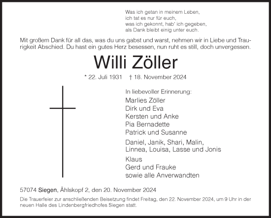 Traueranzeige von Willi Zöller von Siegener Zeitung