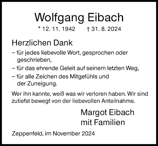 Traueranzeige von Wolfgang Eibach von Siegener Zeitung
