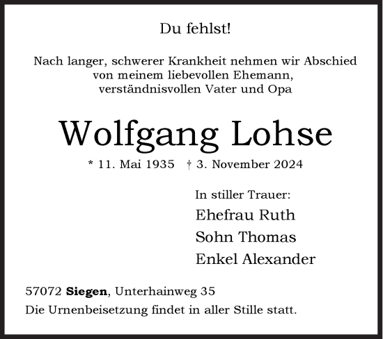 Traueranzeige von Wolfgang Lohse von Siegener Zeitung
