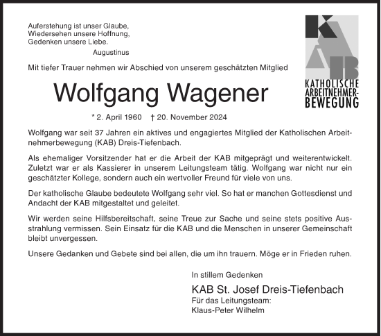 Traueranzeige von Wolfgang Wagener von Siegener Zeitung