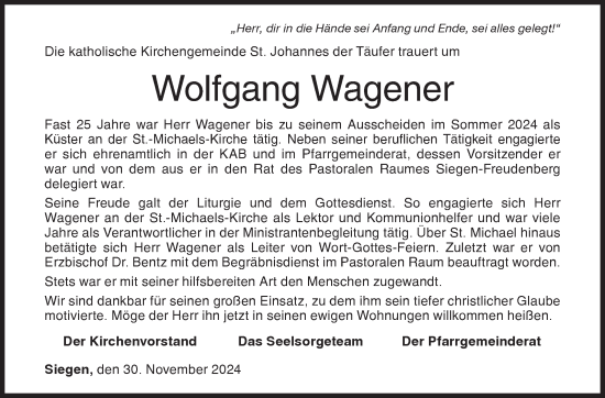 Traueranzeige von Wolfgang Wagener von Siegener Zeitung