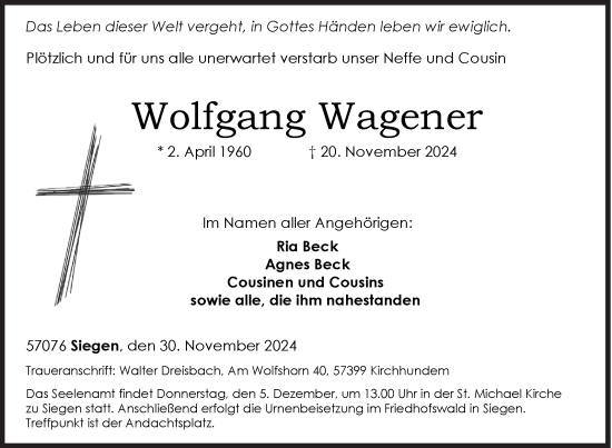 Traueranzeige von Wolfgang Wagener von Siegener Zeitung