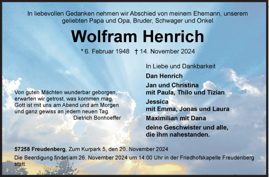 Traueranzeige von Wolfram Henrich von Siegener Zeitung