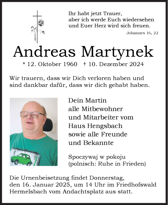 Traueranzeige von Andreas Martynek von Siegener Zeitung