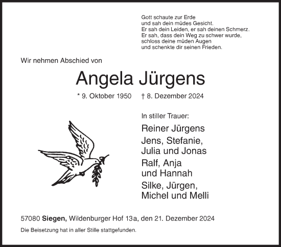 Traueranzeige von Angela Jürgens von Siegener Zeitung