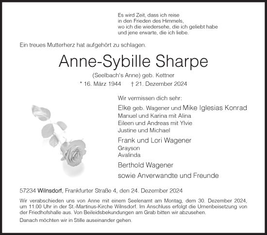 Traueranzeige von Anne-Sybille Sharpe von Siegener Zeitung