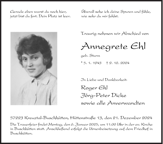 Traueranzeige von Annegrete Ehl von Siegener Zeitung
