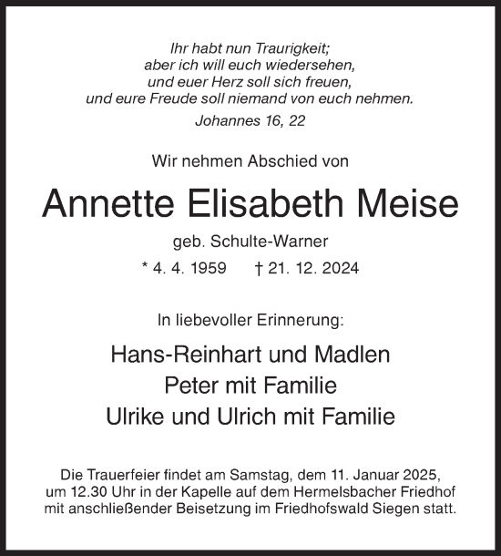 Traueranzeige von Annette Elisabeth Meise von Siegener Zeitung