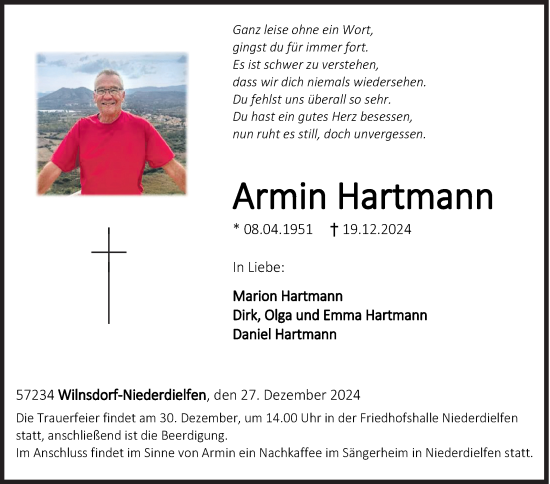 Traueranzeige von Armin Hartmann von Siegener Zeitung