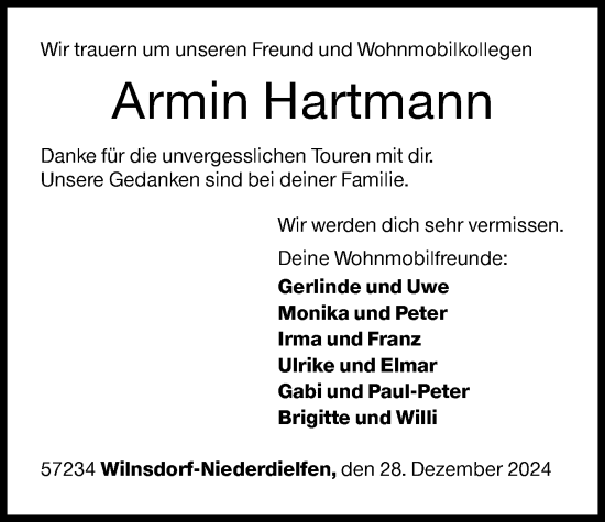 Traueranzeige von Armin Hartmann von Siegener Zeitung