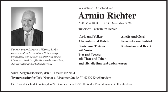 Traueranzeige von Armin Richter von Siegener Zeitung