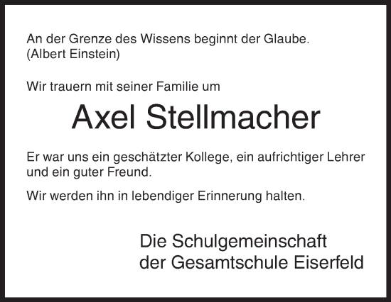Traueranzeige von Axel Stellmacher von Siegener Zeitung