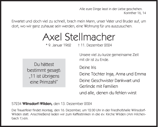 Traueranzeige von Axel Stellmacher von Siegener Zeitung