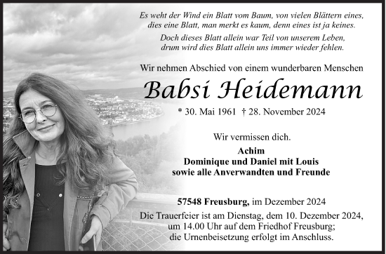 Traueranzeige von Babsi Heidemann von Siegener Zeitung