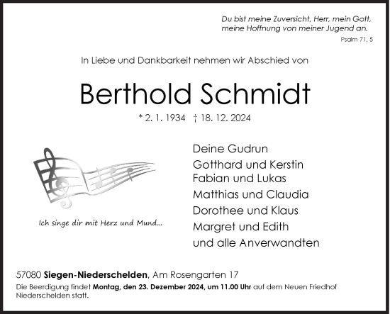 Traueranzeige von Berthold Schmidt von Siegener Zeitung