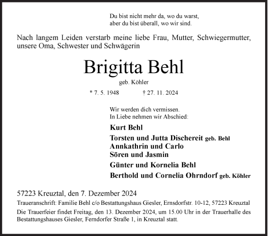 Traueranzeige von Brigitta Behl von Siegener Zeitung