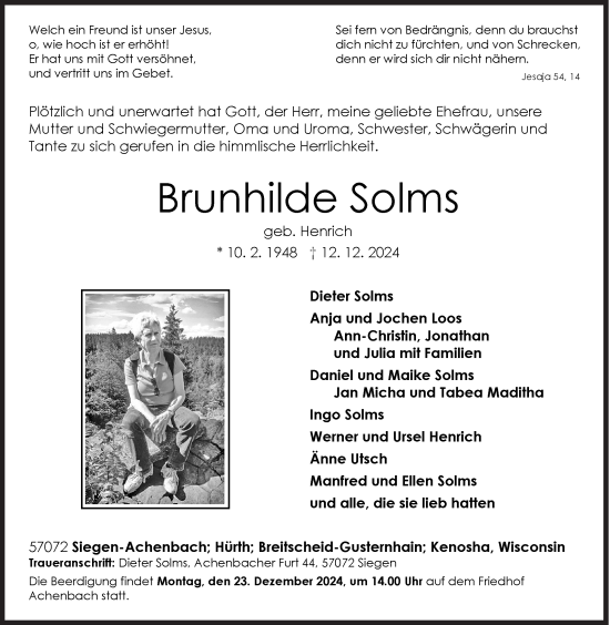 Traueranzeige von Brunhilde Solms von Siegener Zeitung