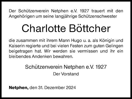 Traueranzeige von Charlotte Böttcher von Siegener Zeitung