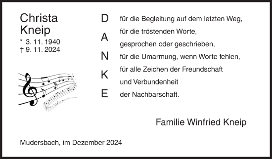 Traueranzeige von Christa Kneip von Siegener Zeitung