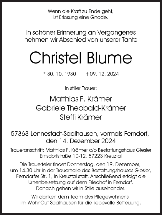 Traueranzeige von Christel Blume von Siegener Zeitung