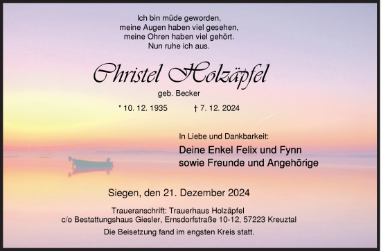 Traueranzeige von Christel Holzäpfel von Siegener Zeitung