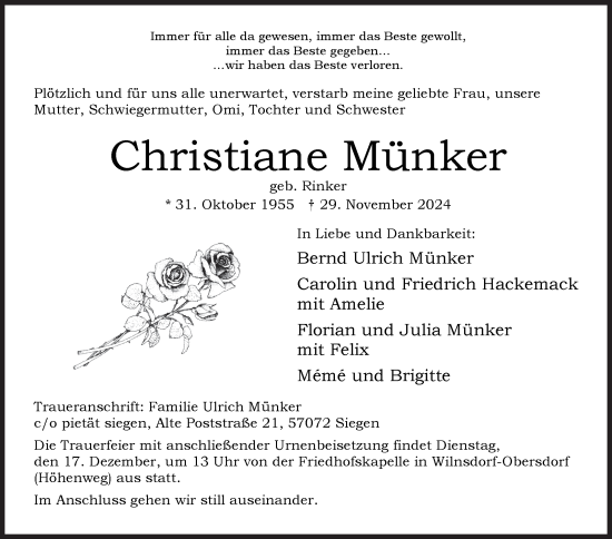 Traueranzeige von Christiane Münkergeb von Siegener Zeitung