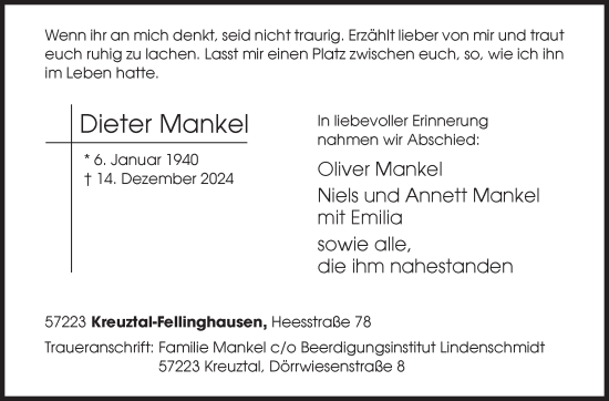 Traueranzeige von Dieter Mankel von Siegener Zeitung