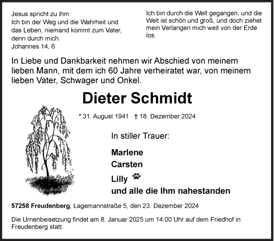Traueranzeige von Dieter Schmidt von Siegener Zeitung