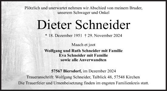 Traueranzeige von Dieter Schneider von Siegener Zeitung