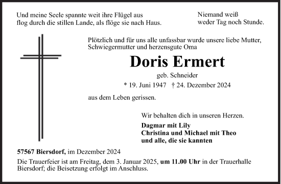 Traueranzeige von Doris Ermert von Siegener Zeitung
