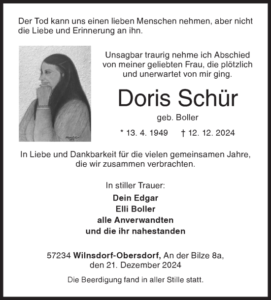 Traueranzeige von Doris Schür von Siegener Zeitung