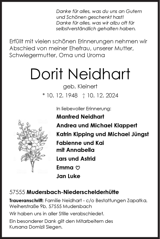 Traueranzeige von Dorit Neidhart von Siegener Zeitung