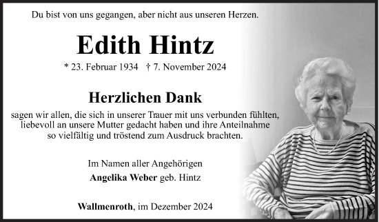 Traueranzeige von Edith Hintz von Siegener Zeitung
