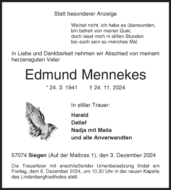 Traueranzeige von Edmund Mennekes von Siegener Zeitung
