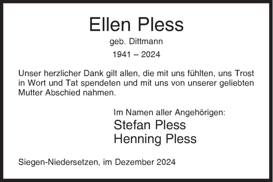 Traueranzeige von Ellen Pless von Siegener Zeitung
