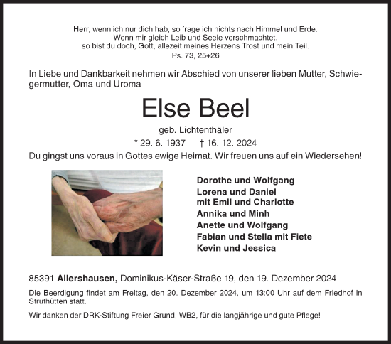 Traueranzeige von Else Beel von Siegener Zeitung