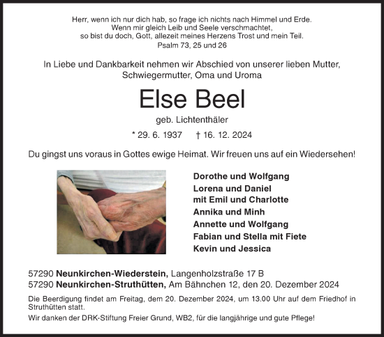 Traueranzeige von Else Beel von Siegener Zeitung