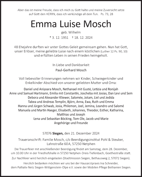 Traueranzeige von Emma Luise Mosch von Siegener Zeitung