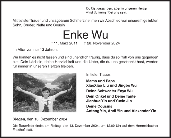Traueranzeige von Enke Wu von Siegener Zeitung