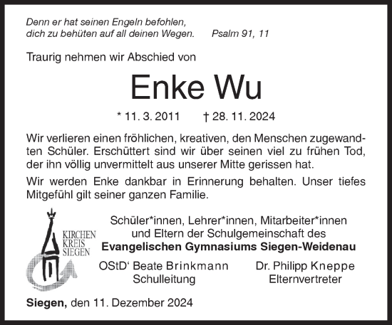 Traueranzeige von Enke Wu von Siegener Zeitung