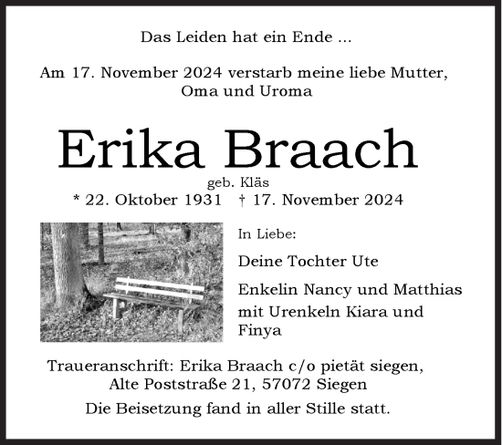 Traueranzeige von Erika Braach von Siegener Zeitung