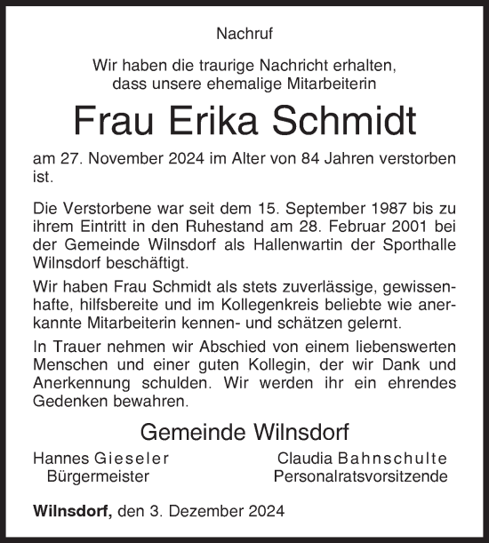 Traueranzeige von Erika Schmidt von Siegener Zeitung